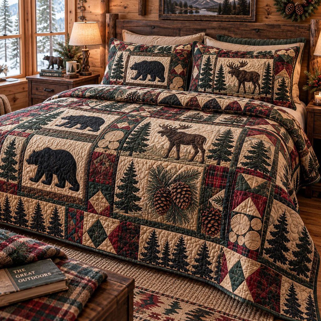 Caribou Mountain Haven quilted 3-piece bedding set on a made bed with two matching pillow shams