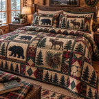Caribou Mountain Haven quilted 3-piece bedding set on a made bed with two matching pillow shams