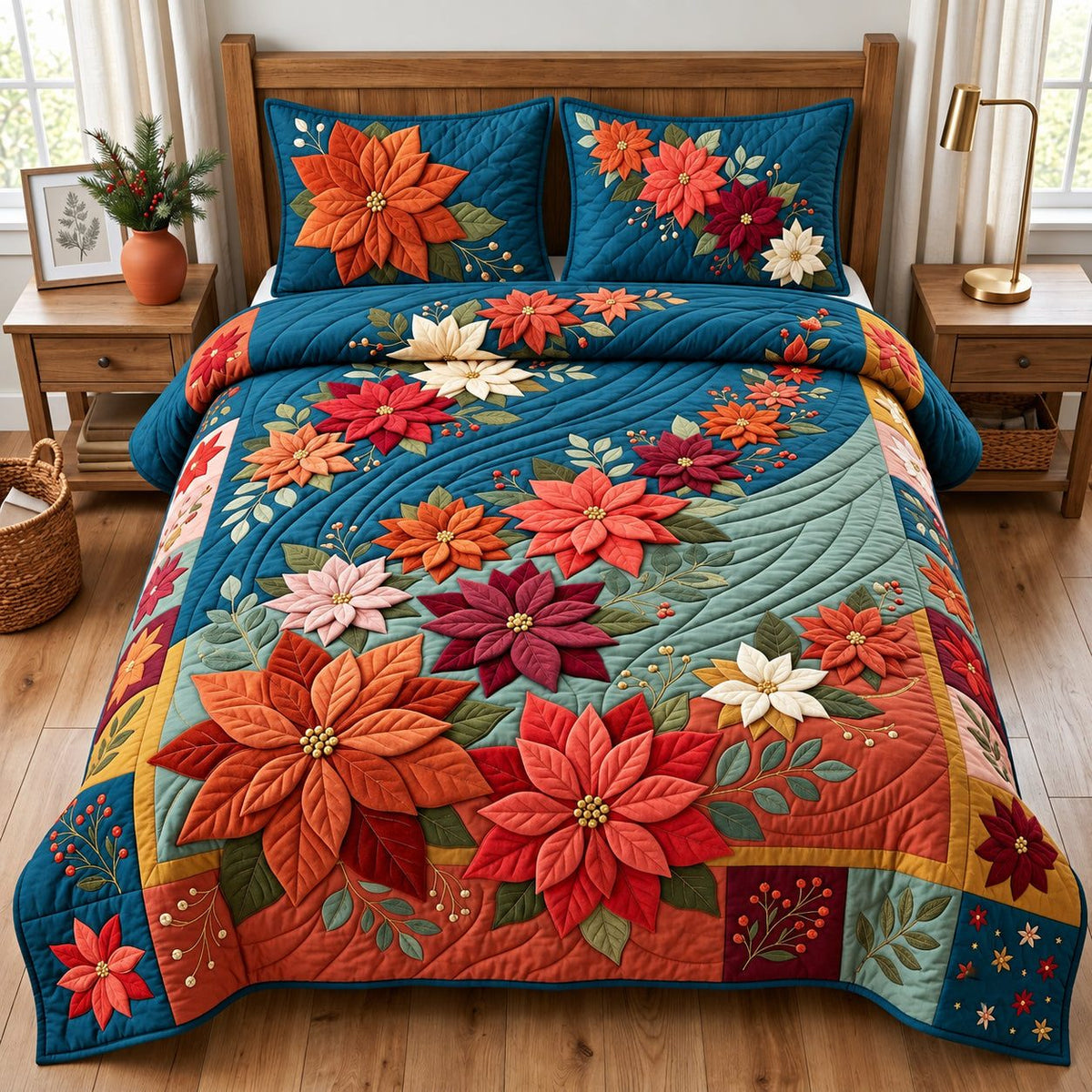 Cascading Poinsettia Waterfall quilted 3-piece bedding set on a made bed in a winter-styled bedroom