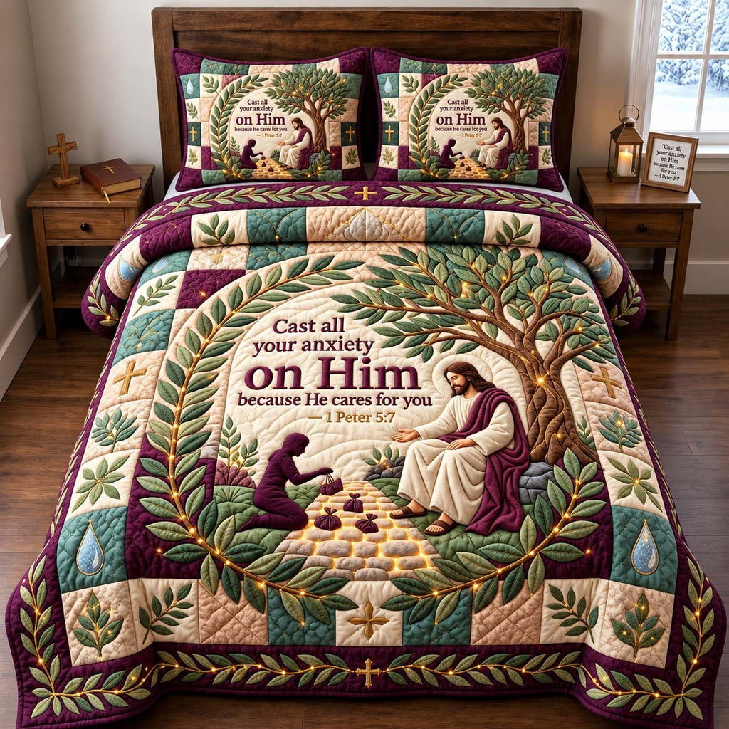 Cast Your Anxiety quilted 3-piece bedding set on a made bed with two matching pillow shams