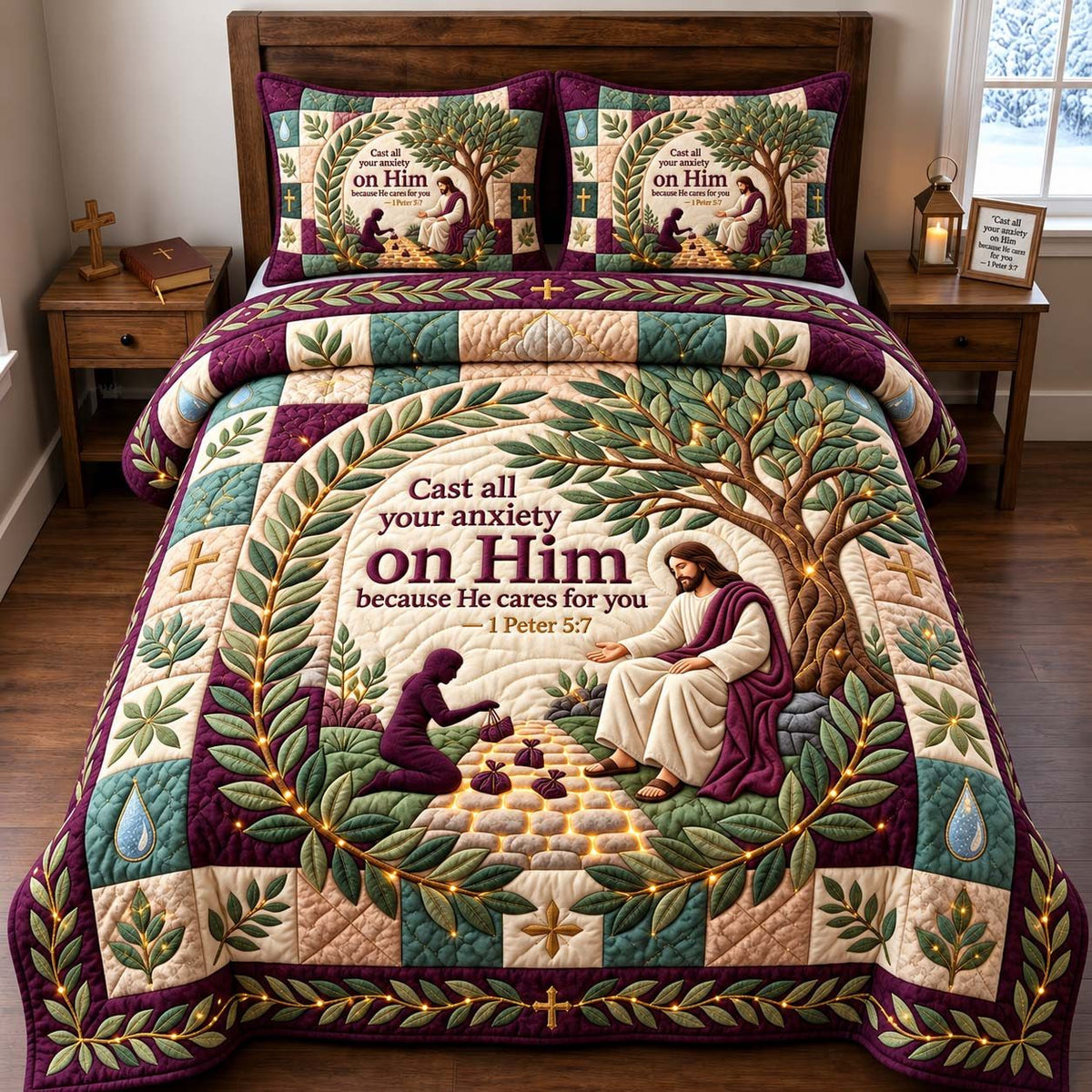 Cast Your Anxiety quilted 3-piece bedding set on a made bed with two matching pillow shams
