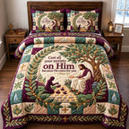 Cast Your Anxiety quilted 3-piece bedding set on a made bed with two matching pillow shams