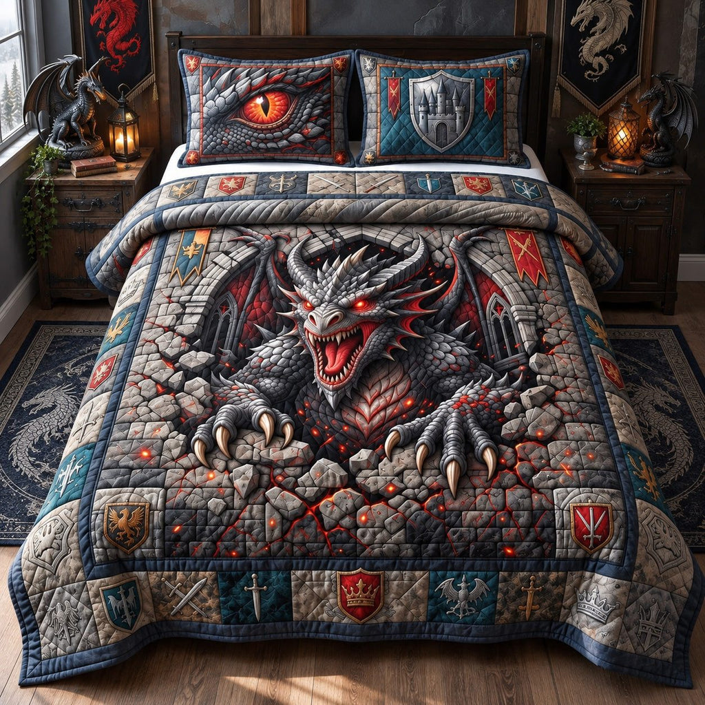 Castle Breaker Dragon quilted 3-piece bedding set on a made bed with two matching pillow shams