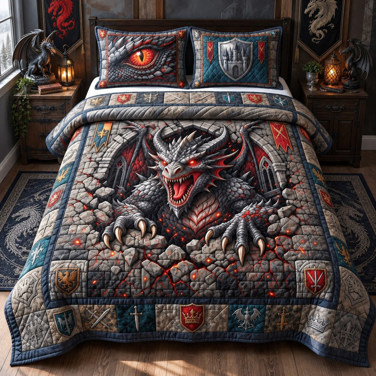 Castle Breaker Dragon quilted 3-piece bedding set on a made bed with two matching pillow shams