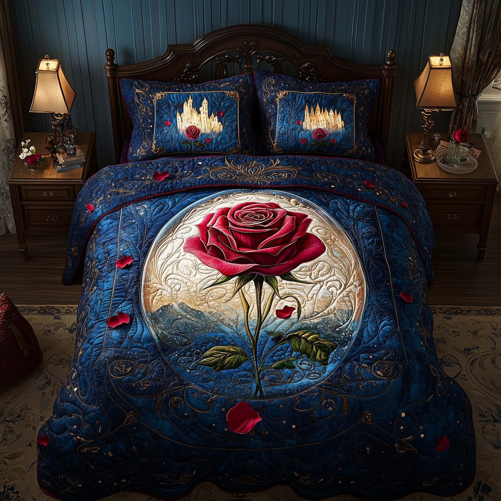 Castle Rose 3-Piece Quilted Bedding Set GFTOQM1478 quilted 3-piece bedding set on a made bed with two matching pillow shams