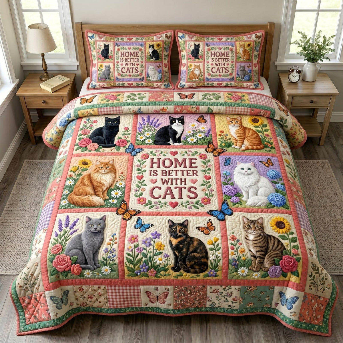 Cat Bliss 3-Piece Quilted Bedding Set GFTONMU1009 quilted 3-piece bedding set on a made bed with two matching pillow shams
