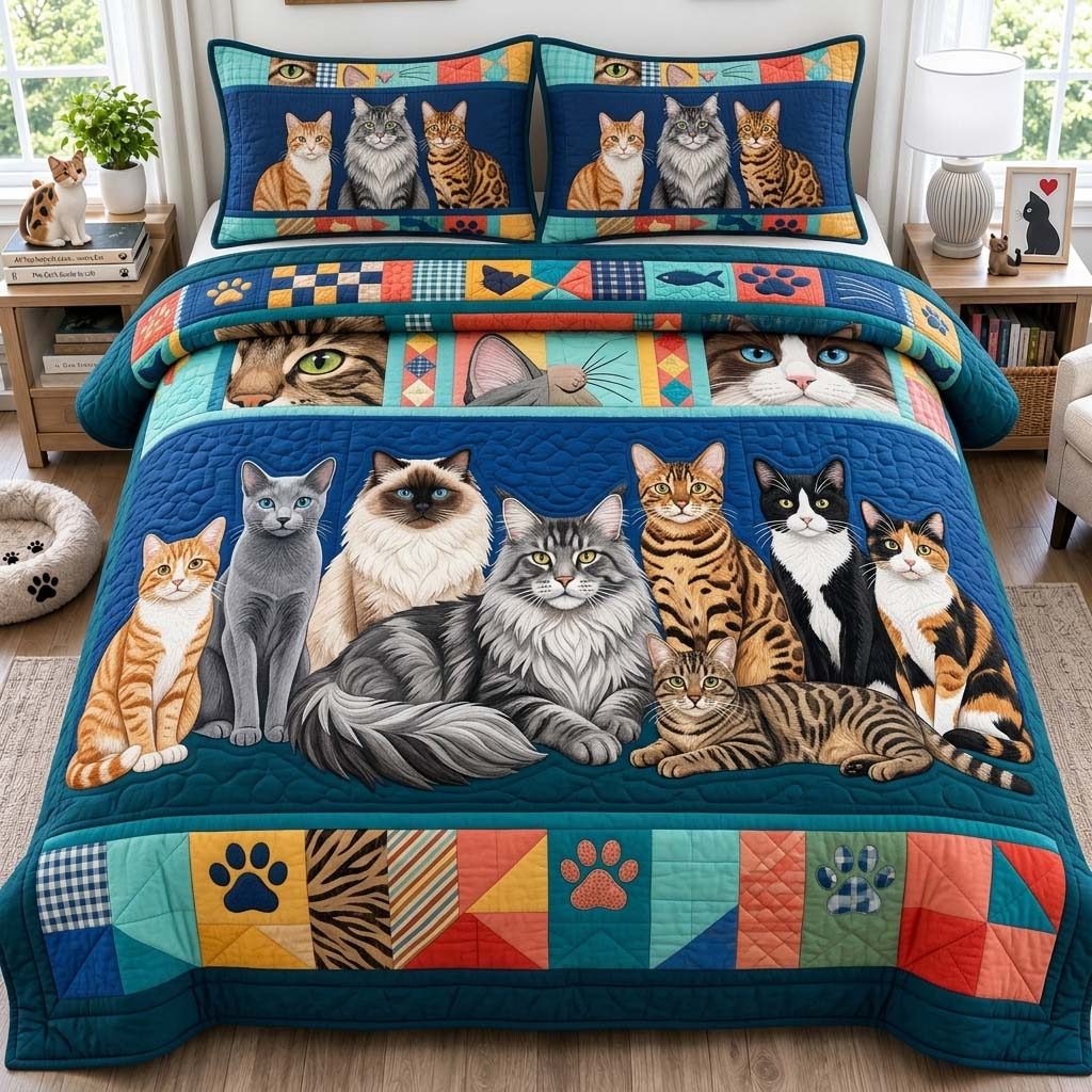 Cat Family 3-Piece Quilted Bedding Set GDTONTD1433 quilted 3-piece bedding set on a made bed with two matching pillow shams