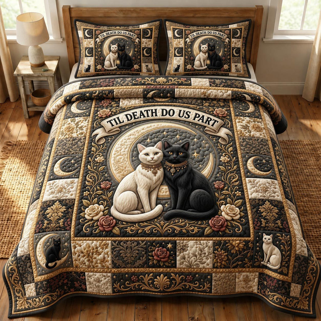 Cat Lovers 3-Piece Quilted Bedding Set GFTONMU1002 quilted 3-piece bedding set on a made bed with two matching pillow shams