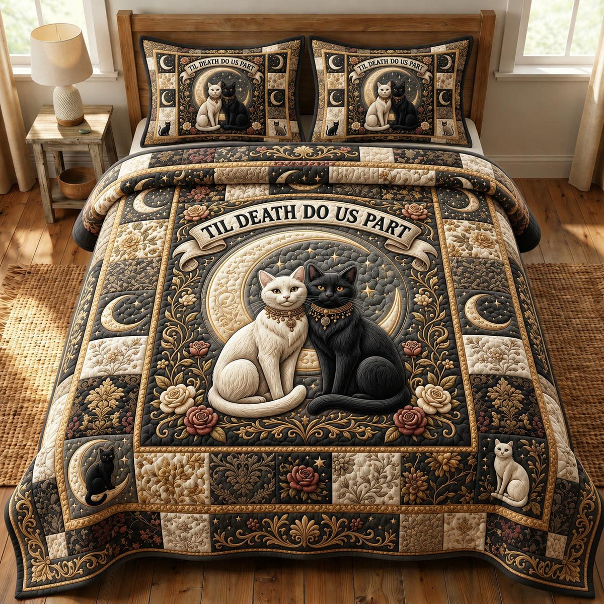 Cat Lovers 3-Piece Quilted Bedding Set GFTONMU1002 quilted 3-piece bedding set on a made bed with two matching pillow shams