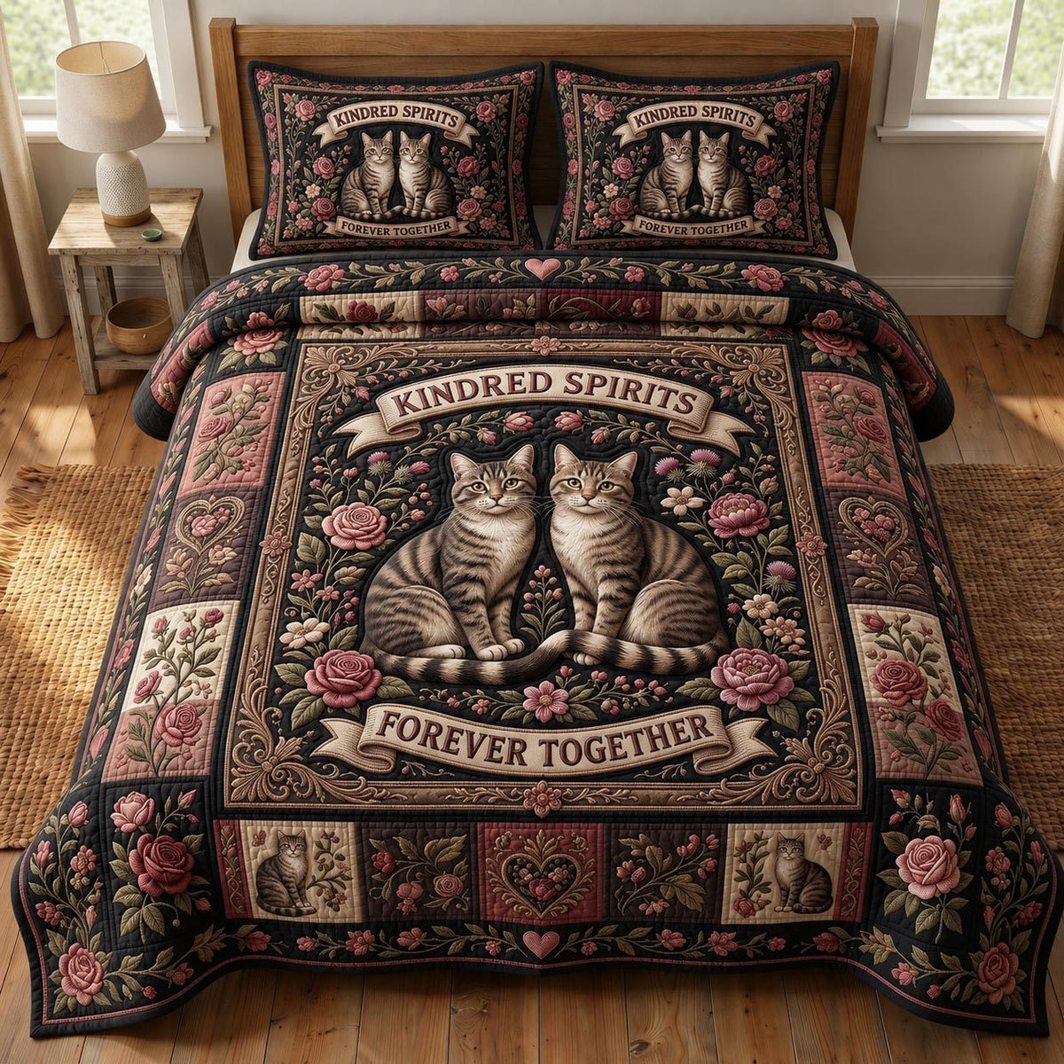 Cat Lovers 3-Piece Quilted Bedding Set GFTONMU1006 quilted 3-piece bedding set on a made bed with two matching pillow shams
