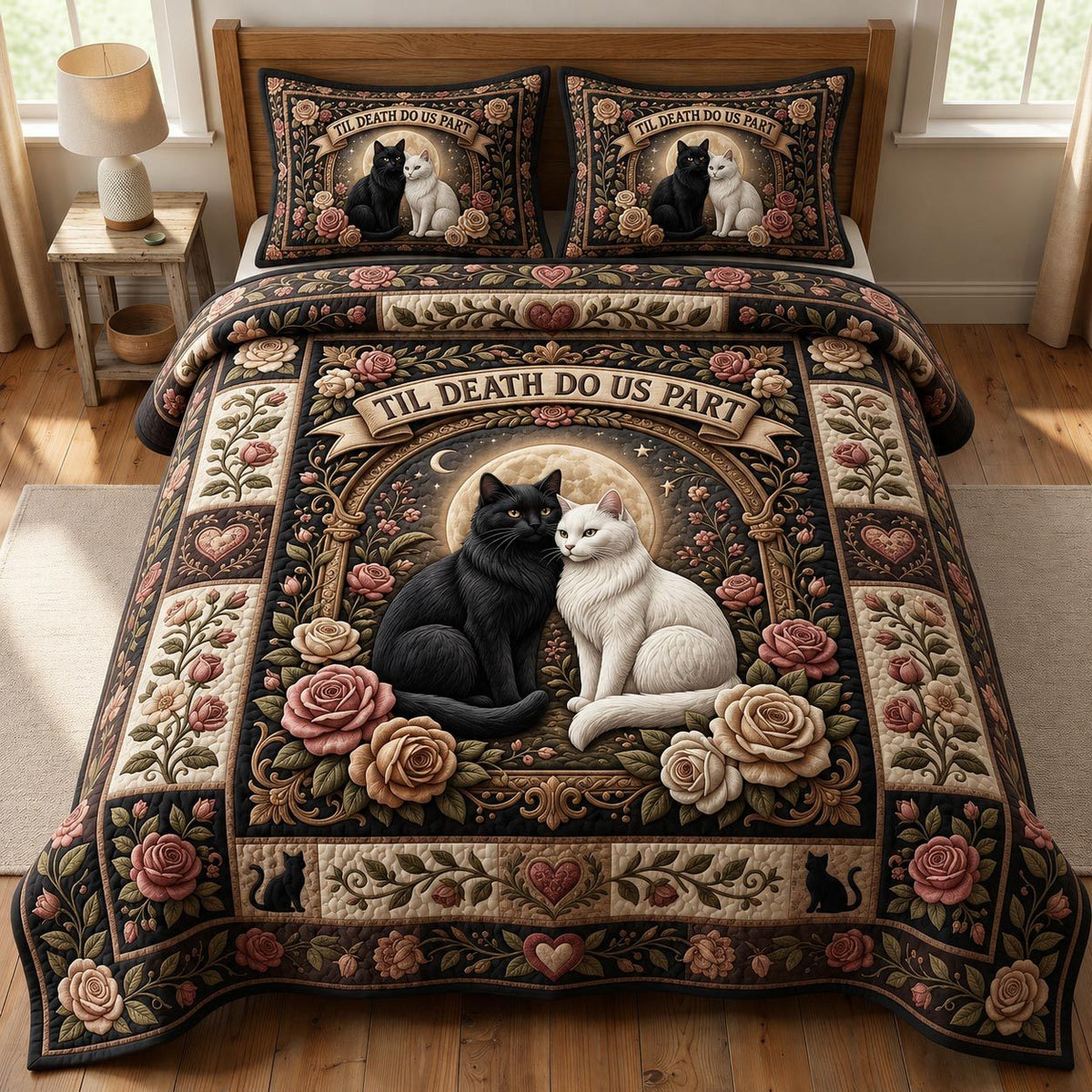 Cat Lovers 3-Piece Quilted Bedding Set GFTONMU1007 quilted 3-piece bedding set on a made bed with two matching pillow shams
