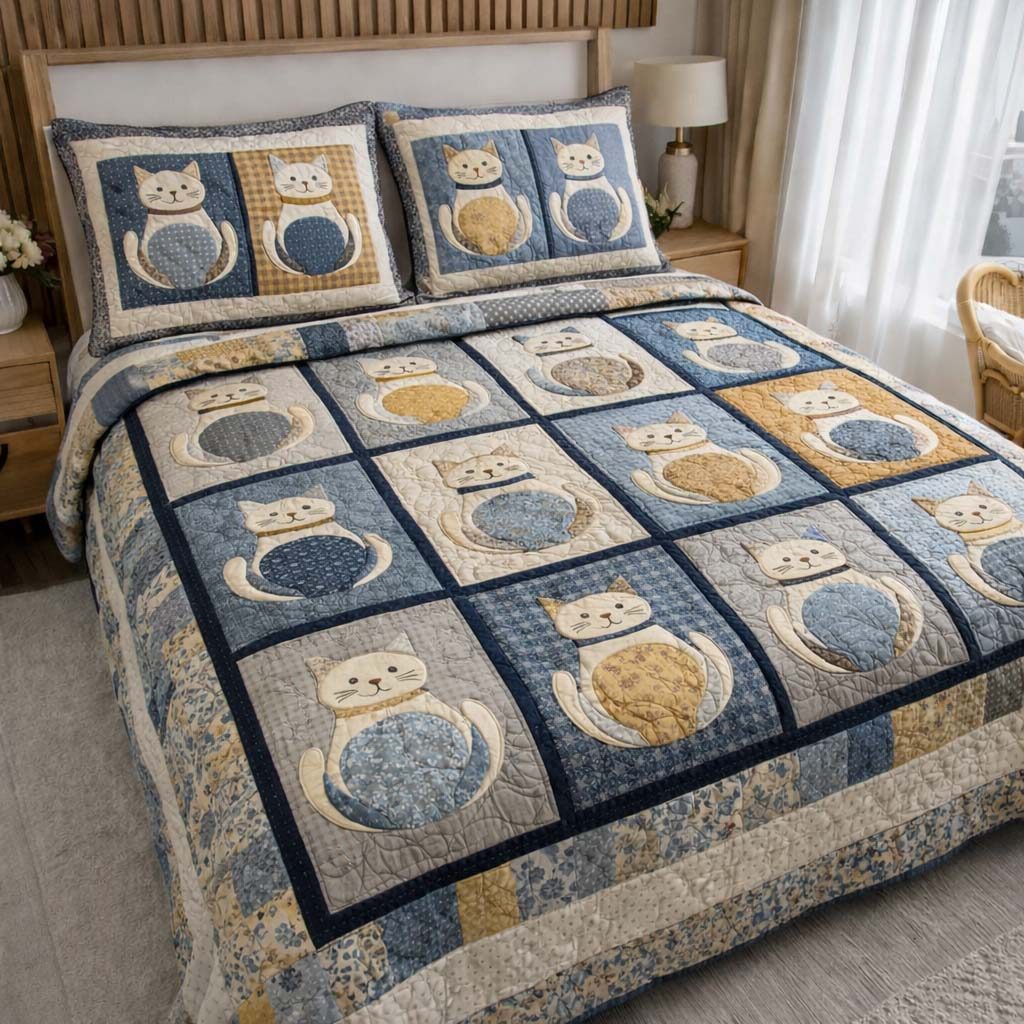 Cat Serenity 3-Piece Quilted Bedding Set GFTOQA1959 quilted 3-piece bedding set on a made bed with two matching pillow shams