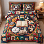 Cat Tea Party Reading Circle quilted 3-piece bedding set on a made bed with two matching pillow shams