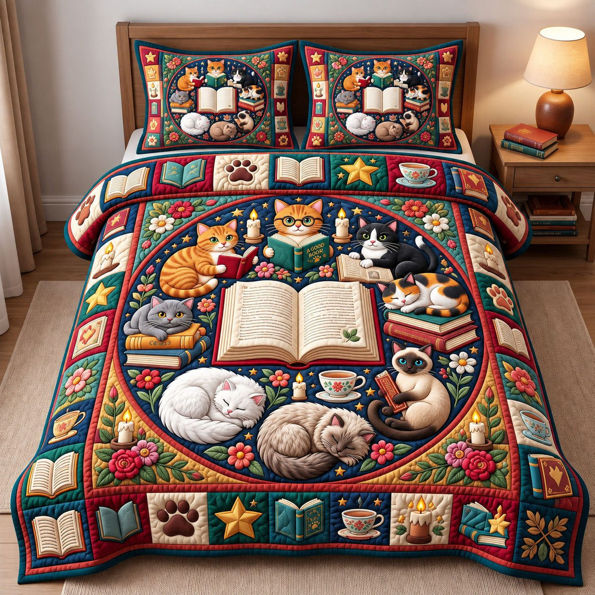Cat Tea Party Reading Circle quilted 3-piece bedding set on a made bed with two matching pillow shams