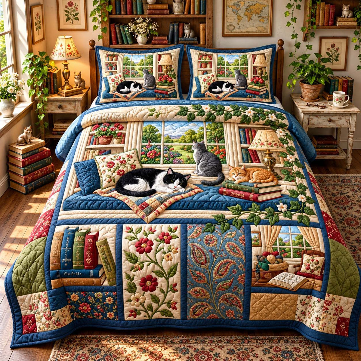 Cats by the Window quilted 3-piece bedding set on a made bed with two matching pillow shams