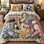 Cats Garden quilted 3-piece bedding set on a made bed with two matching pillow shams
