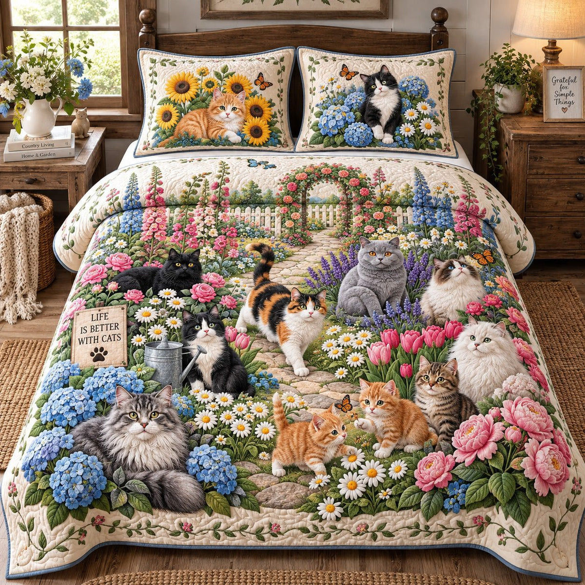 Cats Garden quilted 3-piece bedding set on a made bed with two matching pillow shams