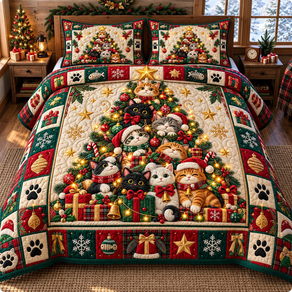 Cats In Christmas Tree quilted 3-piece bedding set on a made bed in a winter-styled bedroom
