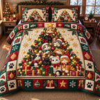 Cats In Christmas Tree quilted 3-piece bedding set on a made bed in a winter-styled bedroom