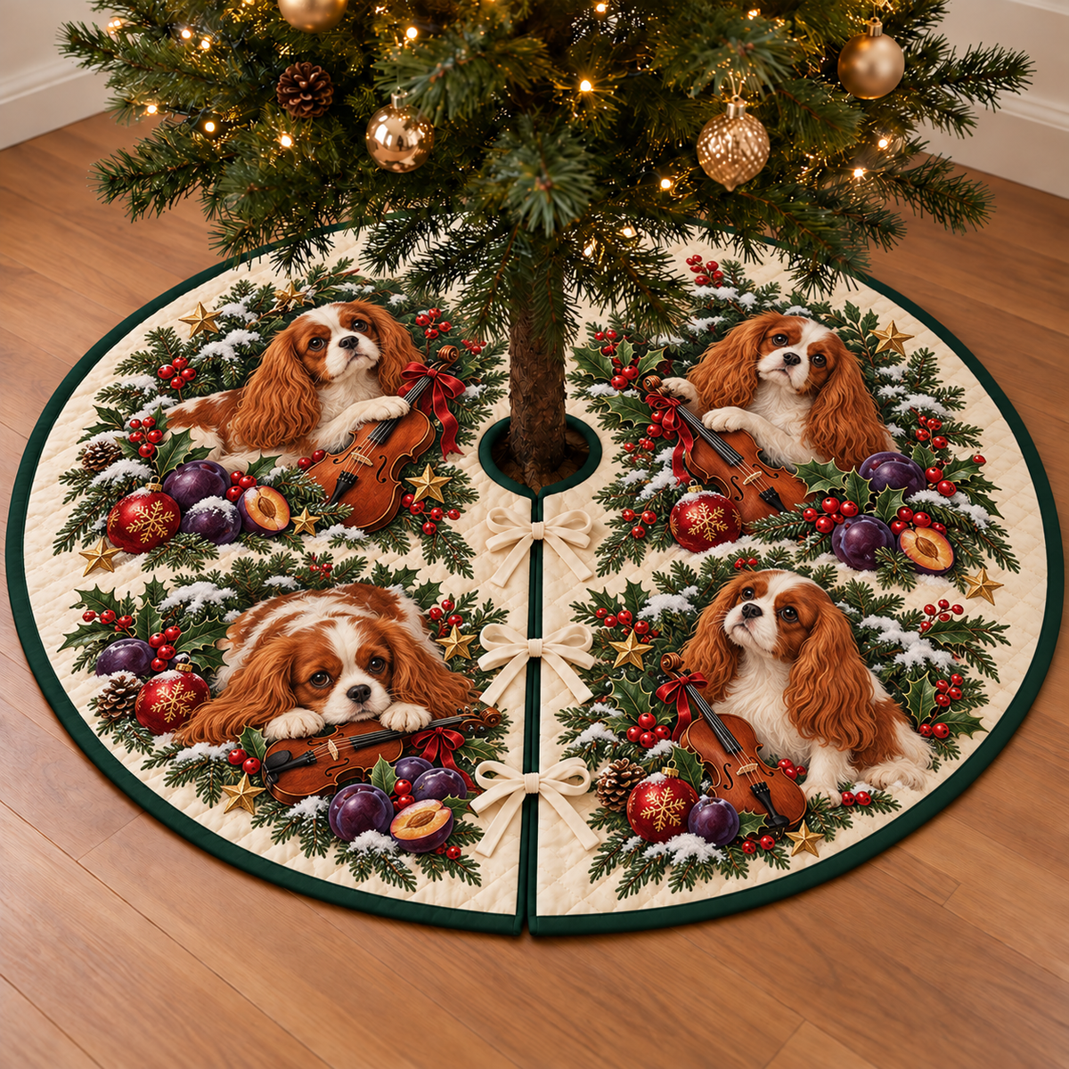 Cavalier Plum Toy Cello printed Christmas circular tree skirt; design mockup showing a flat printed depth effect.