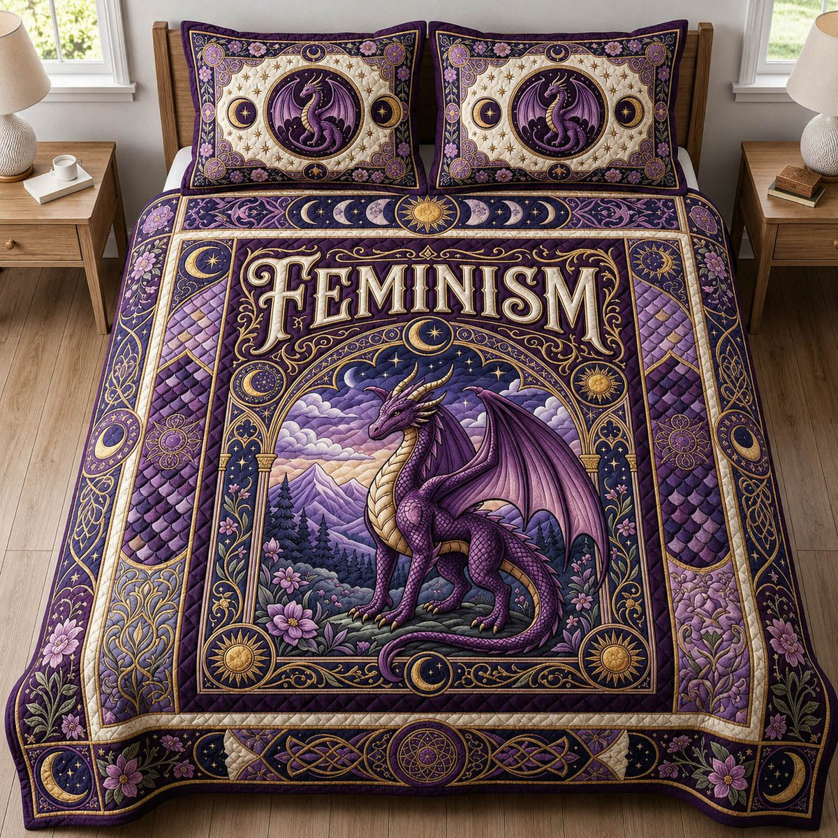 Celestial Dragon 3-Piece Quilted Bedding Set GFTOLAN555 quilted 3-piece bedding set on a made bed with two matching pillow shams