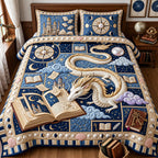 Celestial Dragon quilted 3-piece bedding set on a made bed with two matching pillow shams