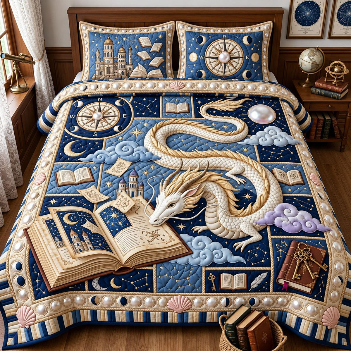 Celestial Dragon quilted 3-piece bedding set on a made bed with two matching pillow shams