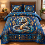 Celestial Dragon Zodiac quilted 3-piece bedding set on a made bed with two matching pillow shams