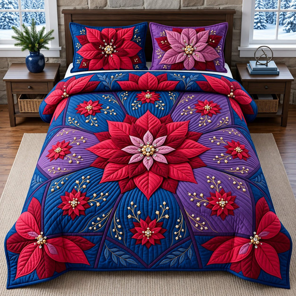 Celestial Poinsettia Compass quilted 3-piece bedding set on a made bed in a winter-styled bedroom