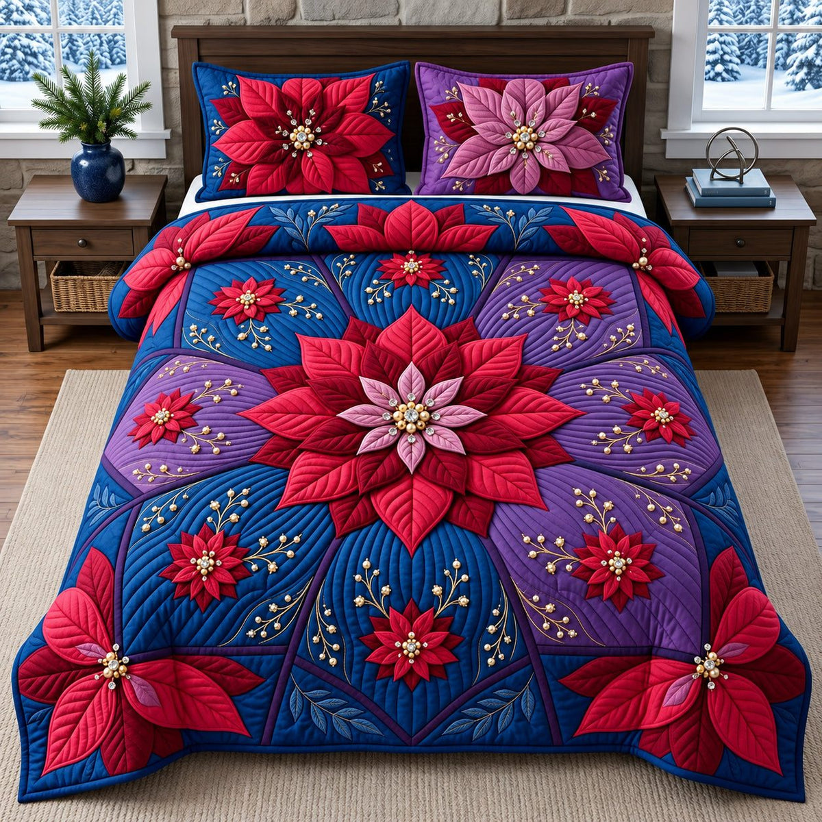 Celestial Poinsettia Compass quilted 3-piece bedding set on a made bed in a winter-styled bedroom