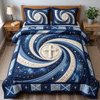 Celestial Promise quilted 3-piece bedding set on a made bed with two matching pillow shams