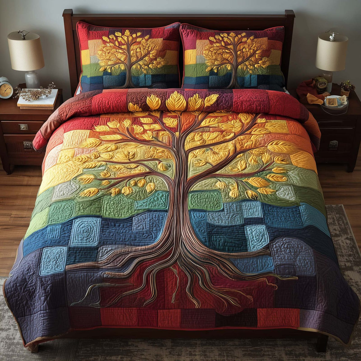 Celestial Tree 3-Piece Quilted Bedding Set GFTOMA8676 quilted 3-piece bedding set on a made bed with two matching pillow shams