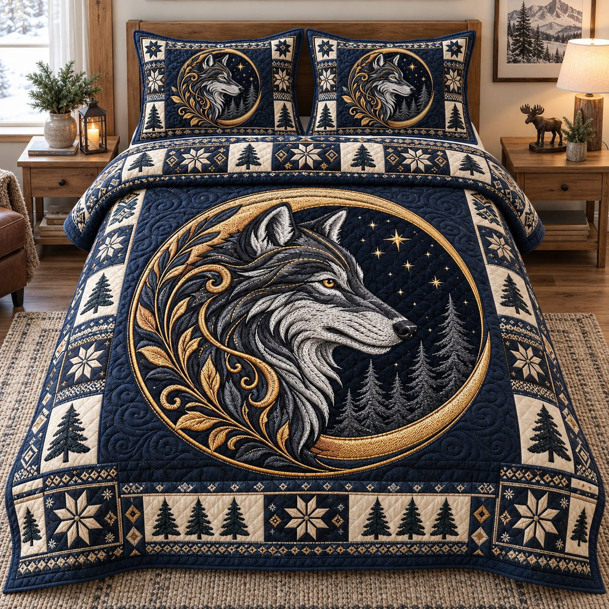 Celestial Wolf Emblem quilted 3-piece bedding set on a made bed with two matching pillow shams