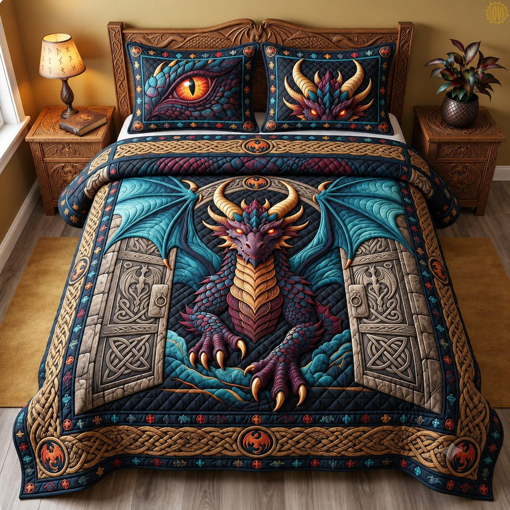 Celtic Dragon Guardian quilted 3-piece bedding set on a made bed with two matching pillow shams