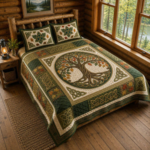 Celtic Tree Of Life Sage Medallion 3-Piece Quilted Bedding Set