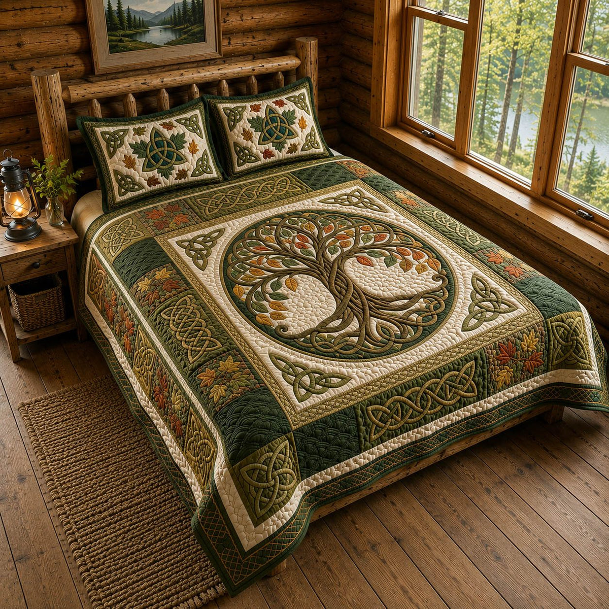 Celtic Tree Of Life 3-Piece Quilted Bedding Set GFTOLAN1119 quilted 3-piece bedding set on a made bed with two matching pillow shams