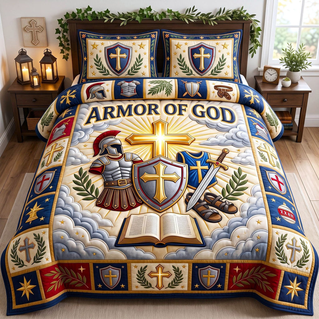 Centurion Armor Of God quilted 3-piece bedding set on a made bed in a softly lit bedroom