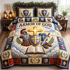 Centurion Armor Of God quilted 3-piece bedding set on a made bed in a softly lit bedroom