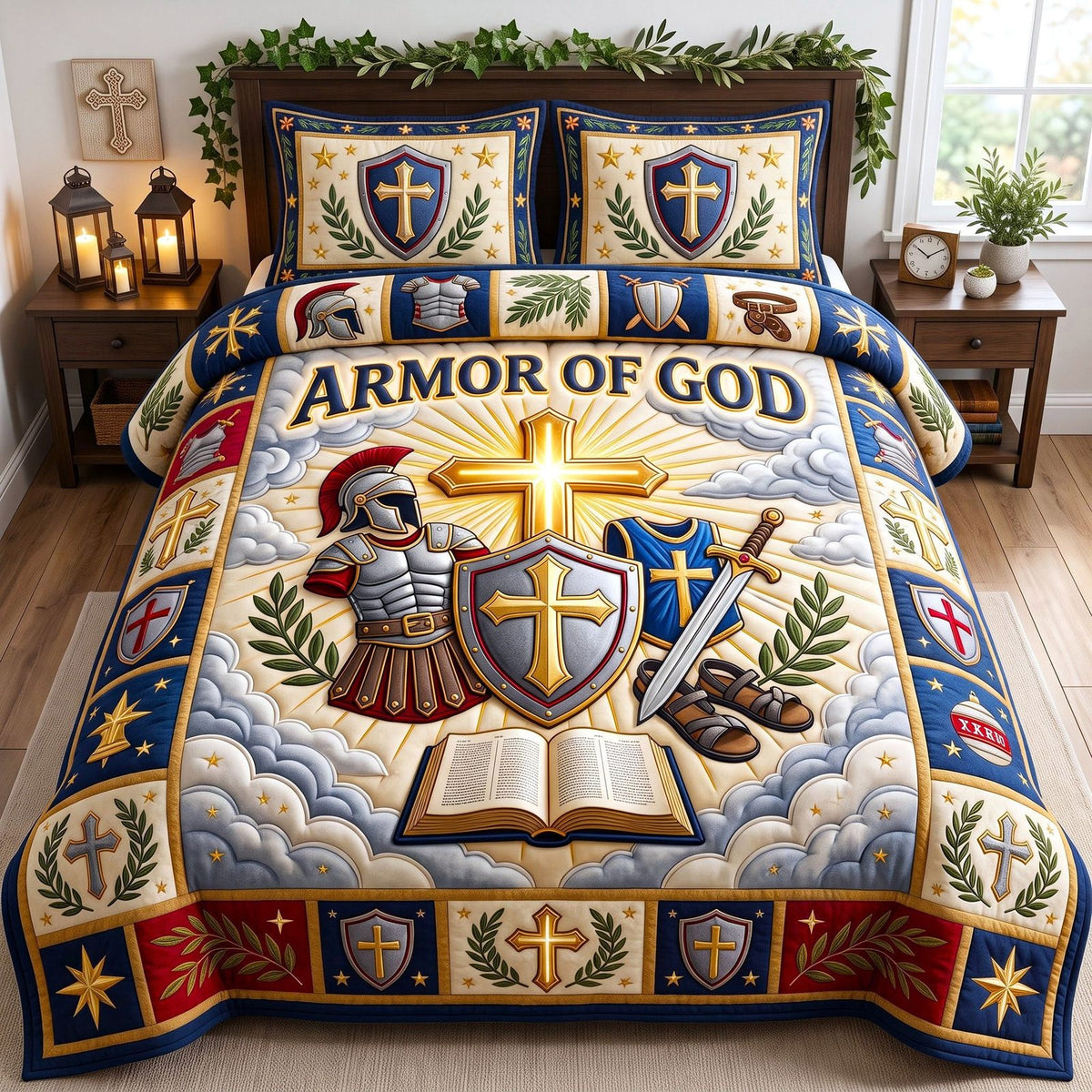 Centurion Armor Of God quilted 3-piece bedding set on a made bed in a softly lit bedroom