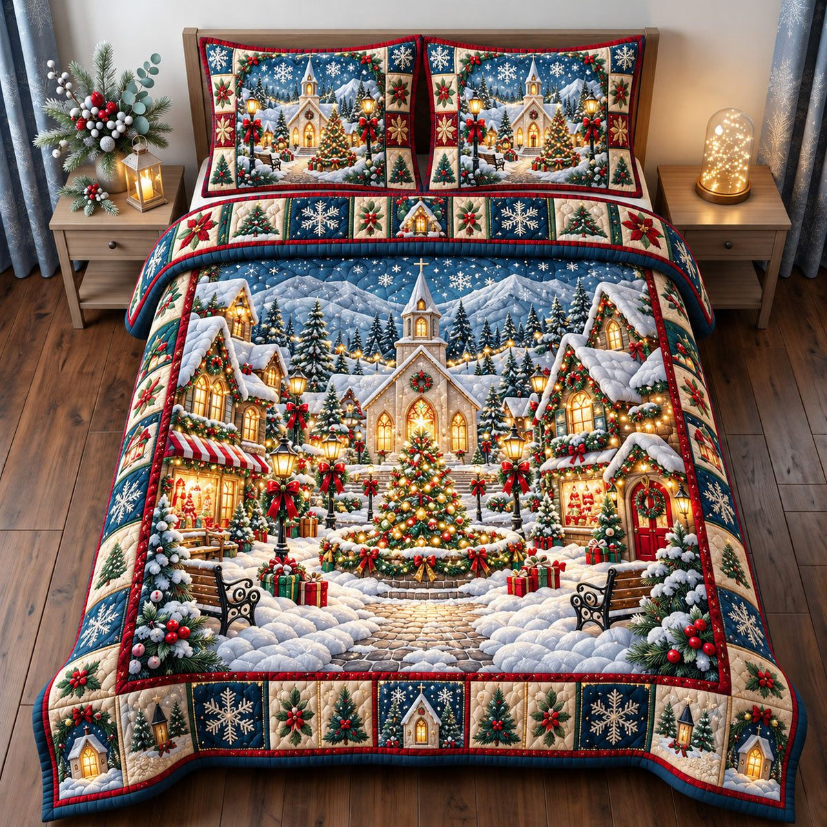 Chapel Square Tree Christmas Village quilted 3-piece bedding set on a made bed in a winter-styled bedroom