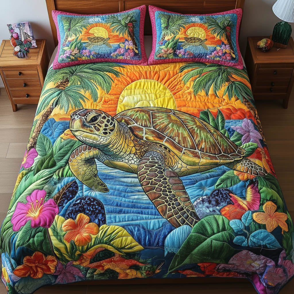 Charming Turtle 3-Piece Quilted Bedding Set GFTONT6214 quilted 3-piece bedding set on a made bed in a light coastal bedroom