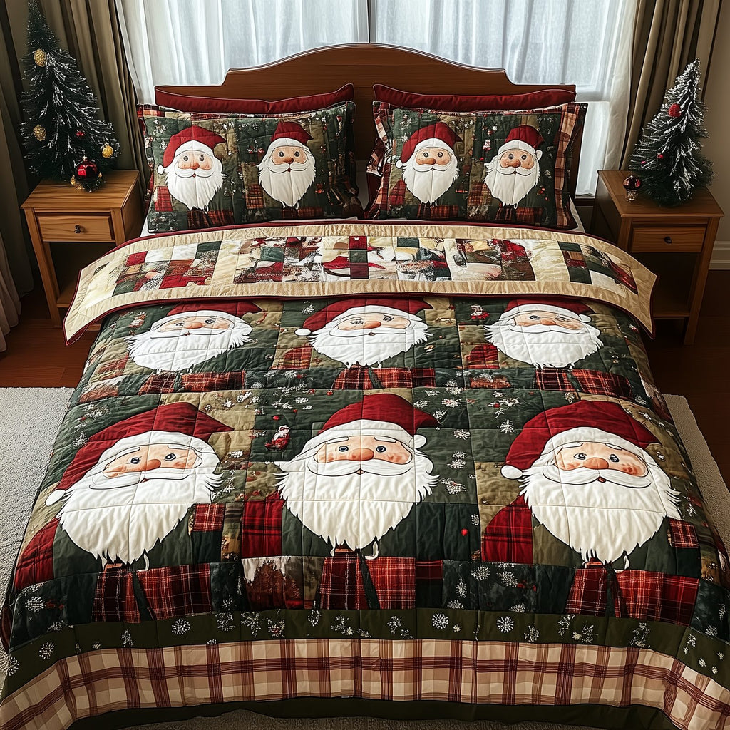 Cheerful Santa 3-Piece Quilted Bedding Set GFTONL503 quilted 3-piece bedding set on a made bed in a winter-styled bedroom