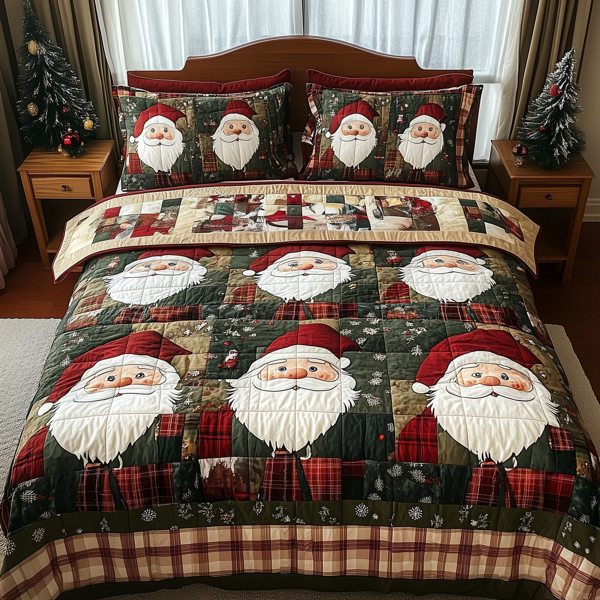 Cheerful Santa 3-Piece Quilted Bedding Set GFTONL503 quilted 3-piece bedding set on a made bed in a winter-styled bedroom