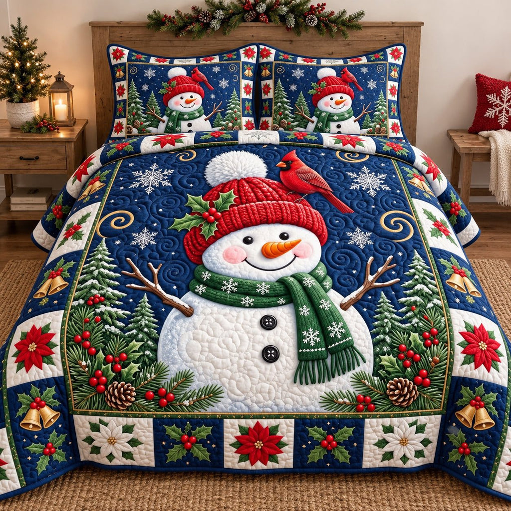 Cheerful Snowman quilted 3-piece bedding set on a made bed in a winter-styled bedroom