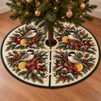 Chickadee Citrus Toy Violin printed Christmas circular tree skirt; design mockup showing a flat printed depth effect.