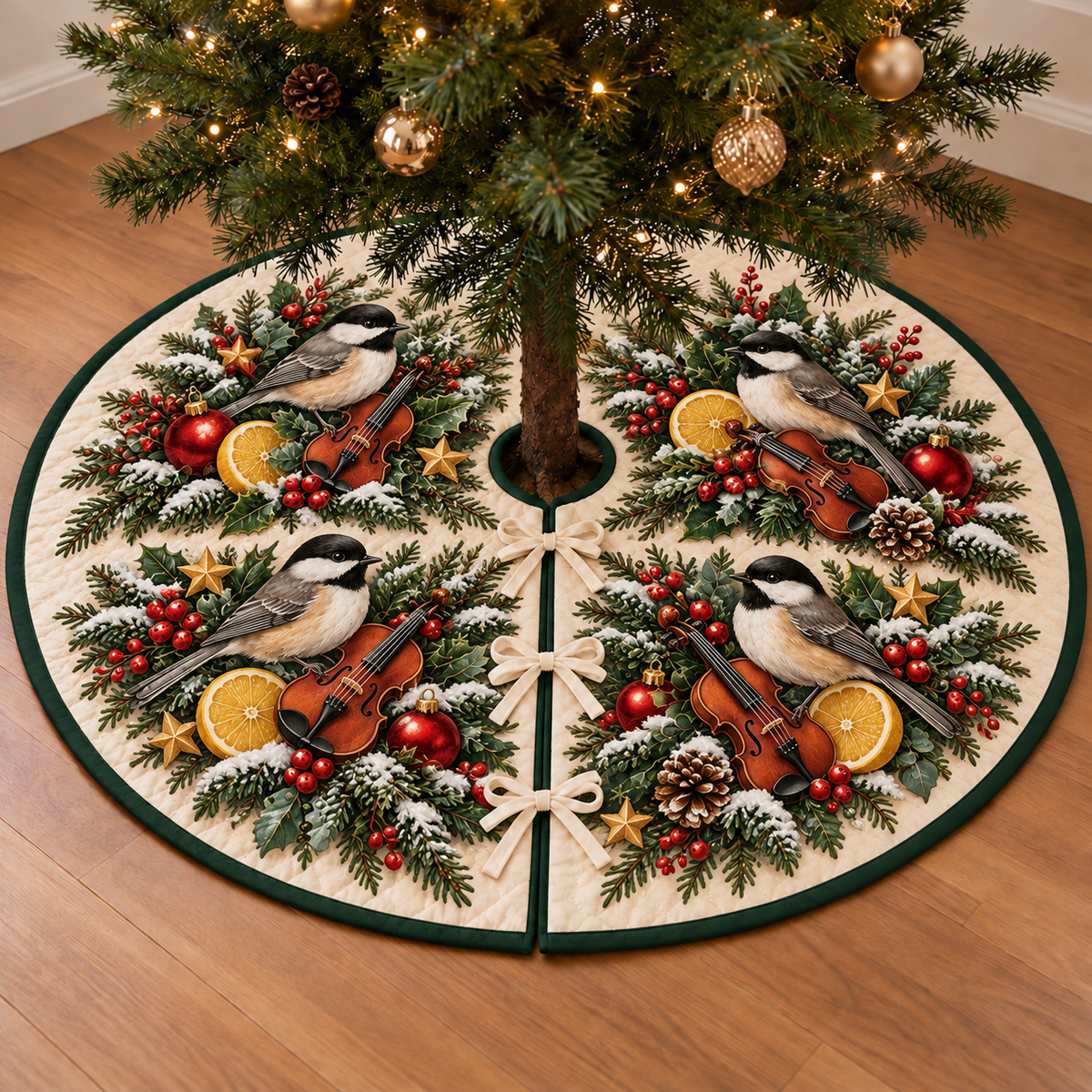 Chickadee Citrus Toy Violin printed Christmas circular tree skirt; design mockup showing a flat printed depth effect.