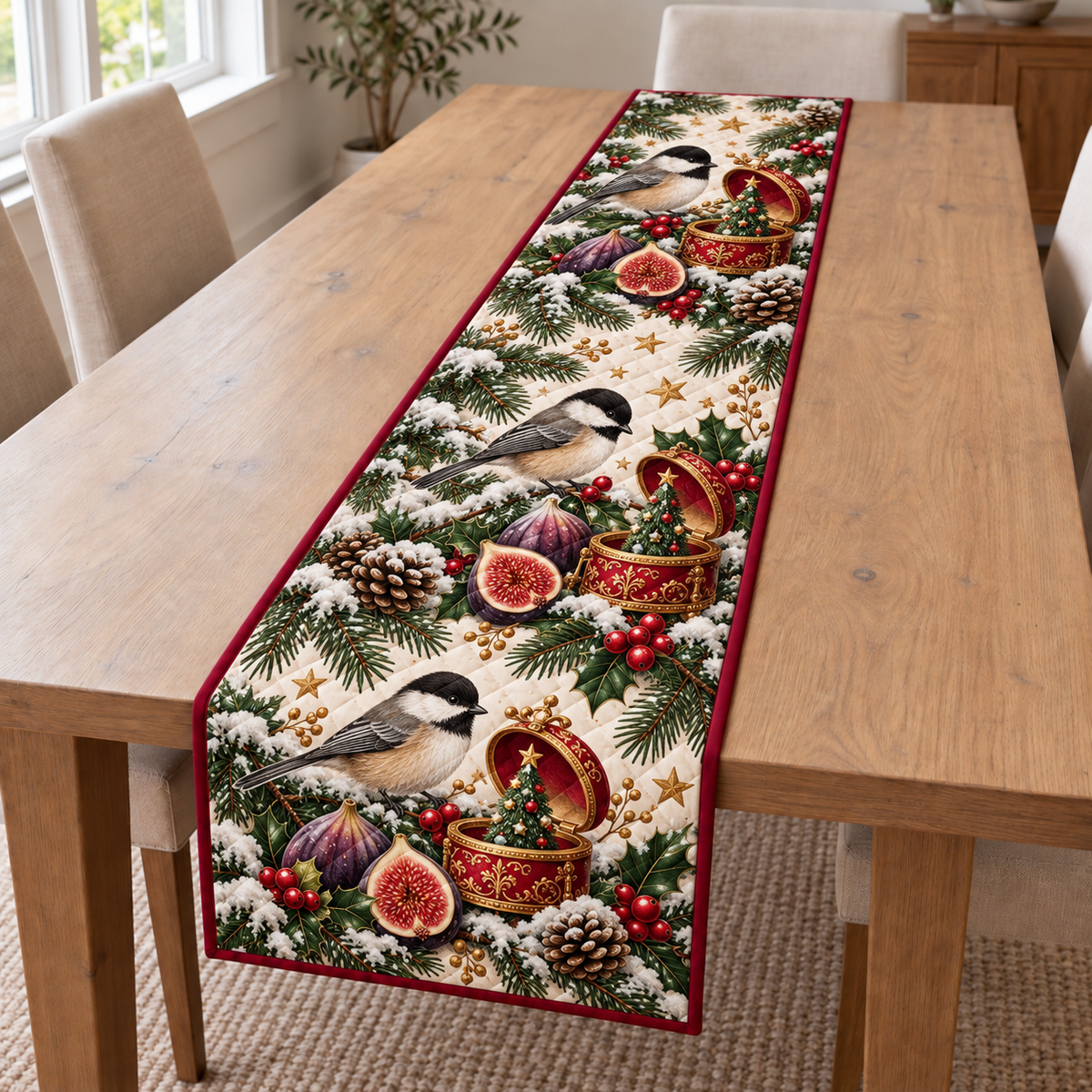 Chickadee Fig Toy Music Box printed Christmas quilted table runner; design mockup showing a flat printed depth effect.