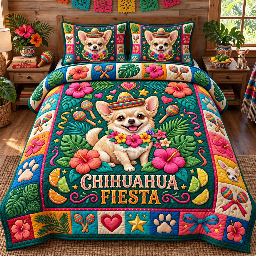 Chihuahua Fiesta Hibiscus quilted 3-piece bedding set on a made bed with two matching pillow shams