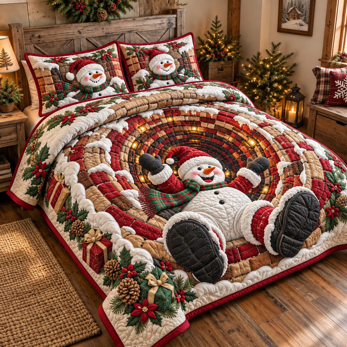 Chimney Slide Snowman quilted 3-piece bedding set on a made bed in a winter-styled bedroom