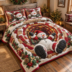 Chimney Slide Snowman quilted 3-piece bedding set on a made bed in a winter-styled bedroom